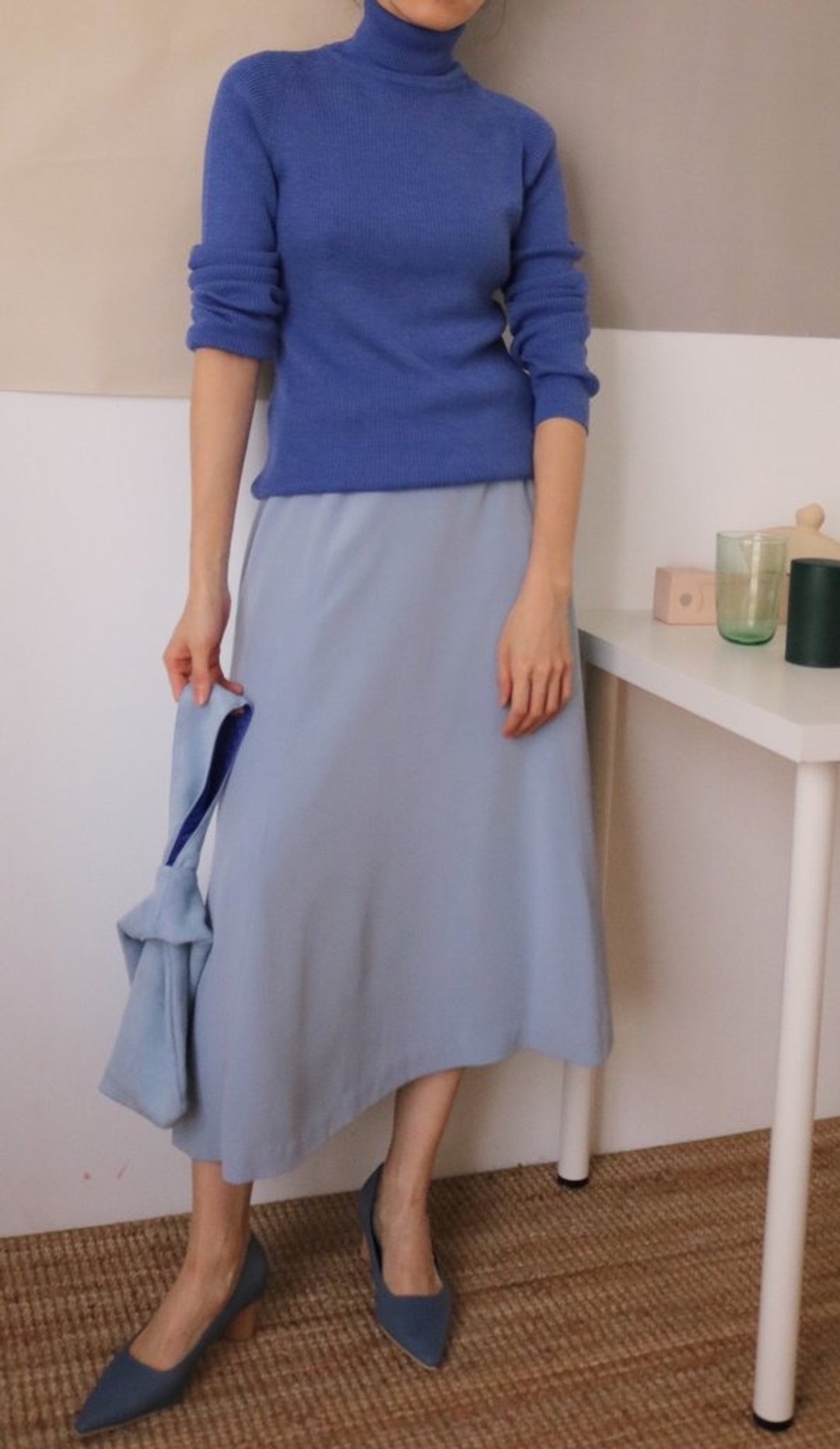 JUNKO TOP - JAPANESE VINTAGE 雾蓝细罗纹高领贴身毛衣 - 女装针织衫/毛衣 - 其他材质 蓝色