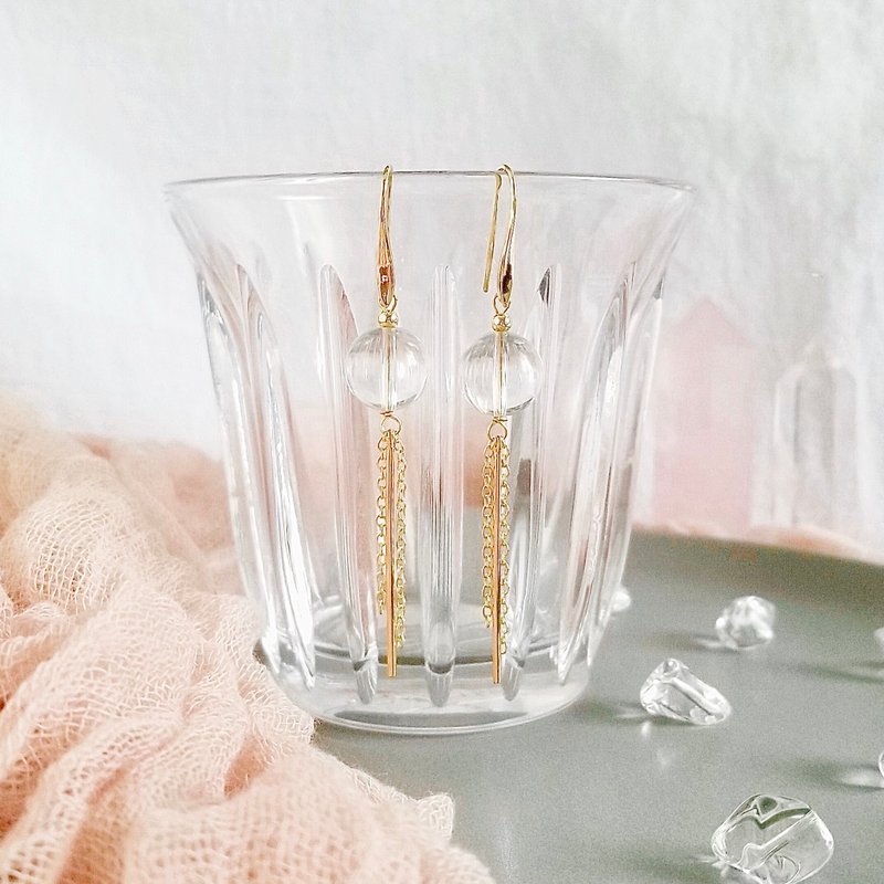 白水晶透明感简约亮金流苏耳环耳勾 | 灵气能量开运小物4月诞生石 - 耳环/耳夹 - 水晶 金色