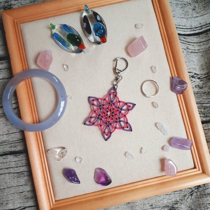 C037-手工编织曼陀罗吊饰 雪花冰晶图腾 - 钥匙链/钥匙包 - 尼龙 粉红色