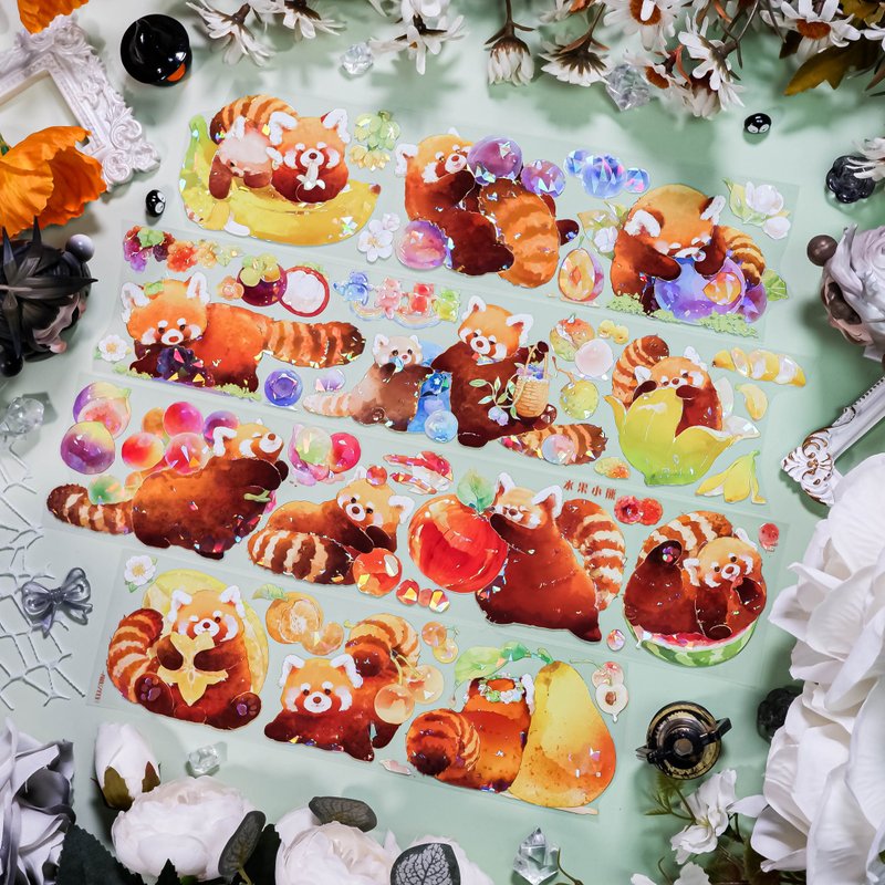水果小熊 レッサーパンダ PET 和紙膠帶 貝殼光 10米卷 台灣製 - 纸胶带 - 其他材质 多色
