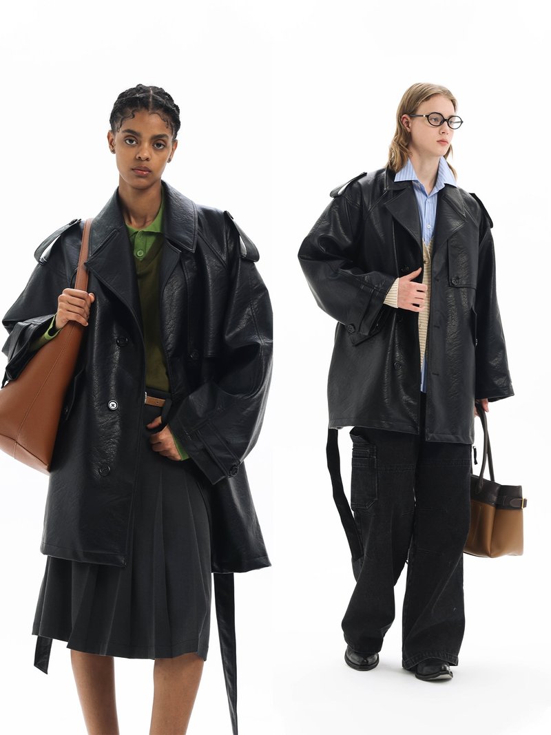 【老钱风】中古 ROW 风肯辛顿肩片抓纹皮革大廓形风衣Unvesno(UN) - 男装外套 - 其他材质 