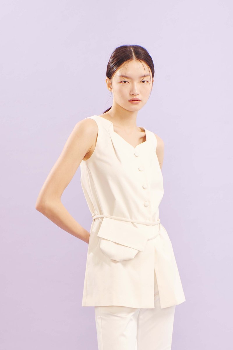米白背心腰包上衣 - 女装背心 - 棉．麻 白色