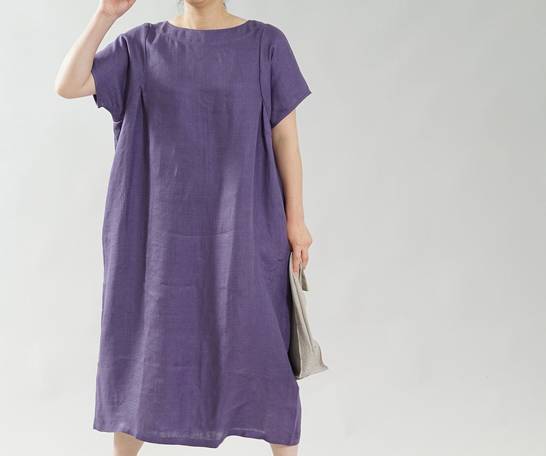 wafu  Linen dress / A-line / midi length / short sleeve / campanula a083c-cpl2 - 洋装/连衣裙 - 棉 紫色