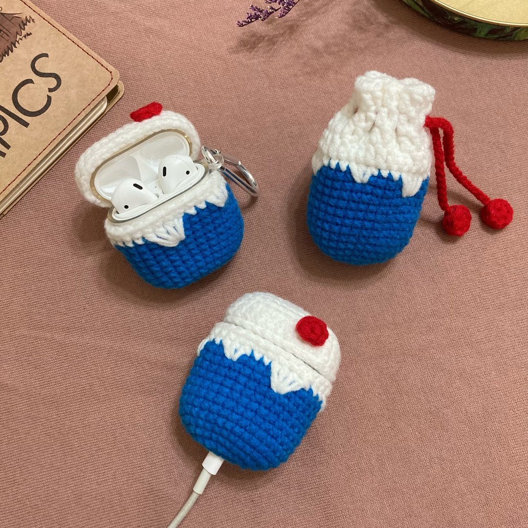富士山_毛线钩织耳机套/束口袋_适用AirPods1/2代 - 耳机收纳 - 棉 蓝色