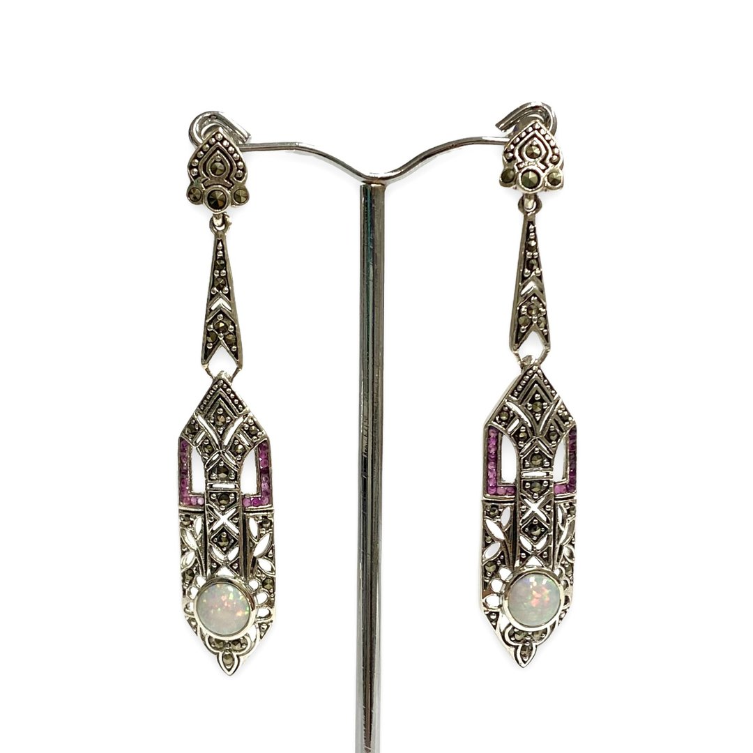 Art Deco Gilson Opal and Ruby Long Drop Set Pendant Earrings 925 Sterling Silver - 耳环/耳夹 - 纯银 红色