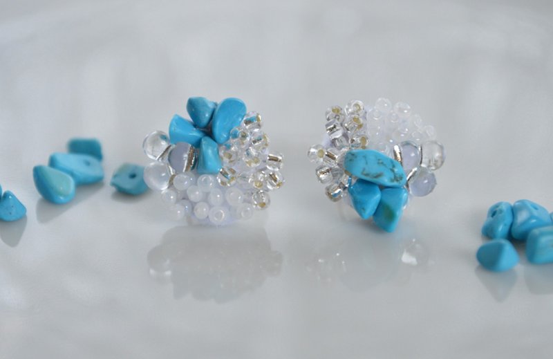 Painless Clip-On/ turquoise embroidered Clip-On natural stone - 耳环/耳夹 - 宝石 蓝色