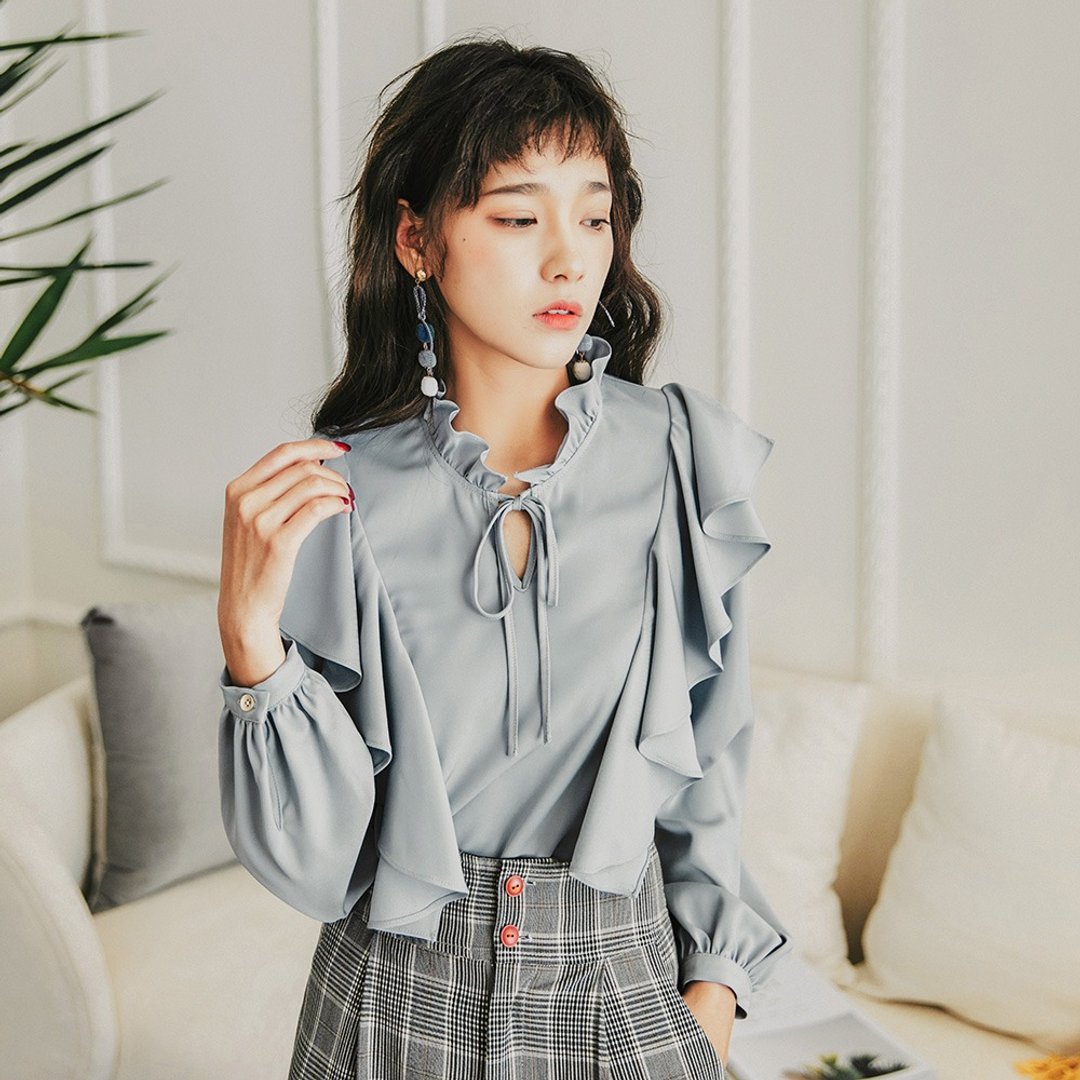 【此款参与199任选2】2018女装秋季穿搭纯色荷叶领上衣 - 女装衬衫 - 聚酯纤维 蓝色