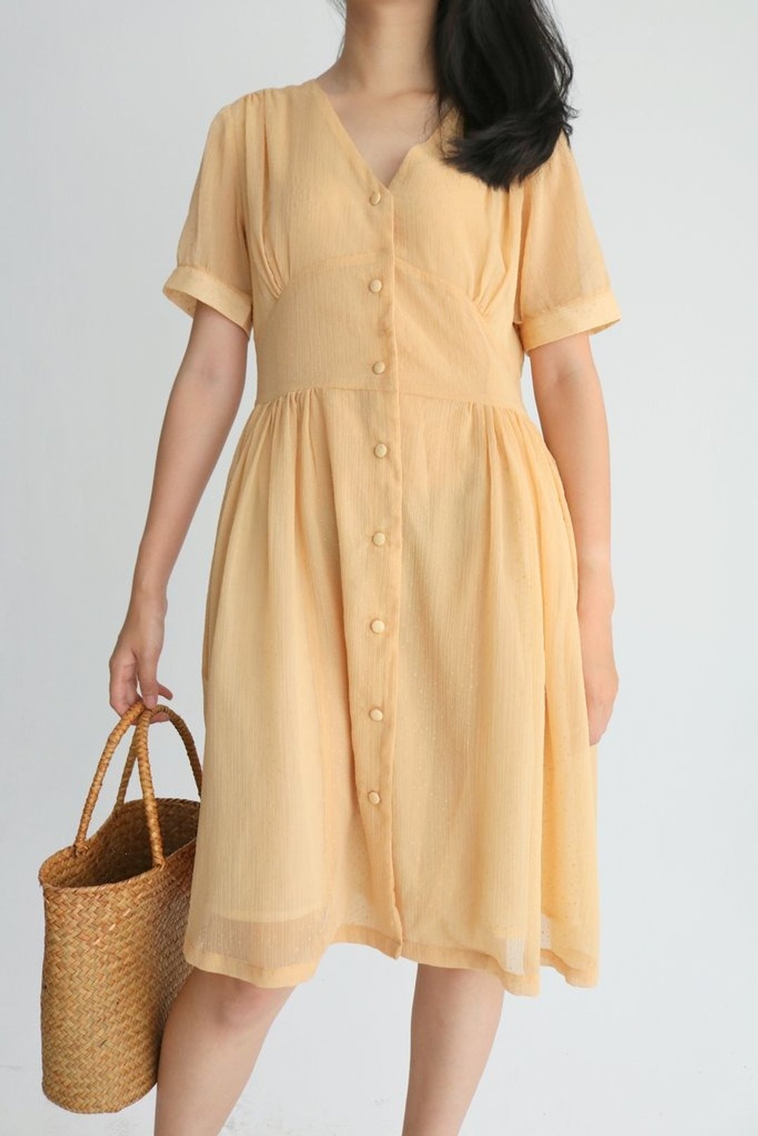 Bella Dress 杏黄色缇花雪纺复古及膝洋装 - 洋装/连衣裙 - 聚酯纤维 