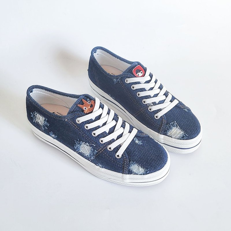 刷破牛仔布厚底鞋 深蓝 小红帽与大野狼 女鞋 - 女款休闲鞋 - 棉．麻 蓝色