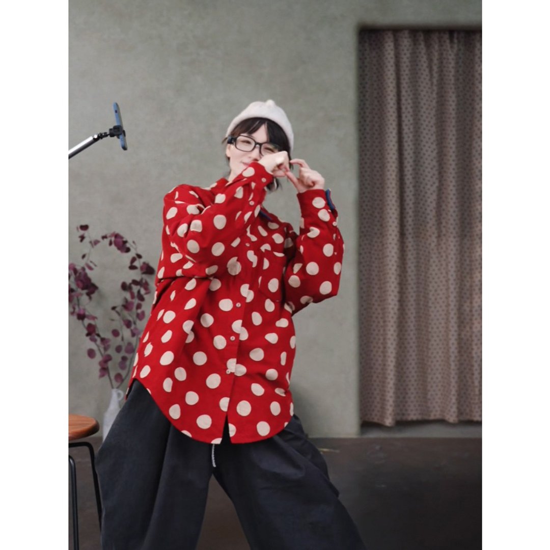 米红波点翻领宽松显瘦大码休闲开襟棉衬衫 - 女装衬衫 - 棉 