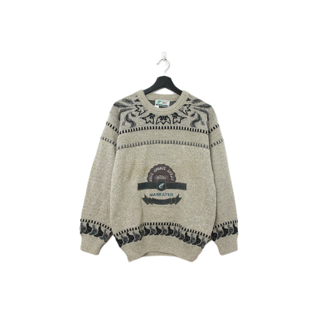 Back to Green-复古毛衣 灰绿色 刺绣图  ws-52 vintage sweater - 男装针织衫/毛衣 - 羊毛 