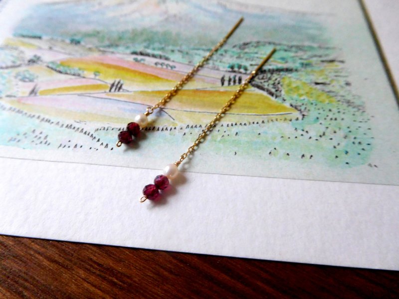 纯14K金迷你圆珍珠石榴石耳线 - 耳环/耳夹 - 其他金属 金色