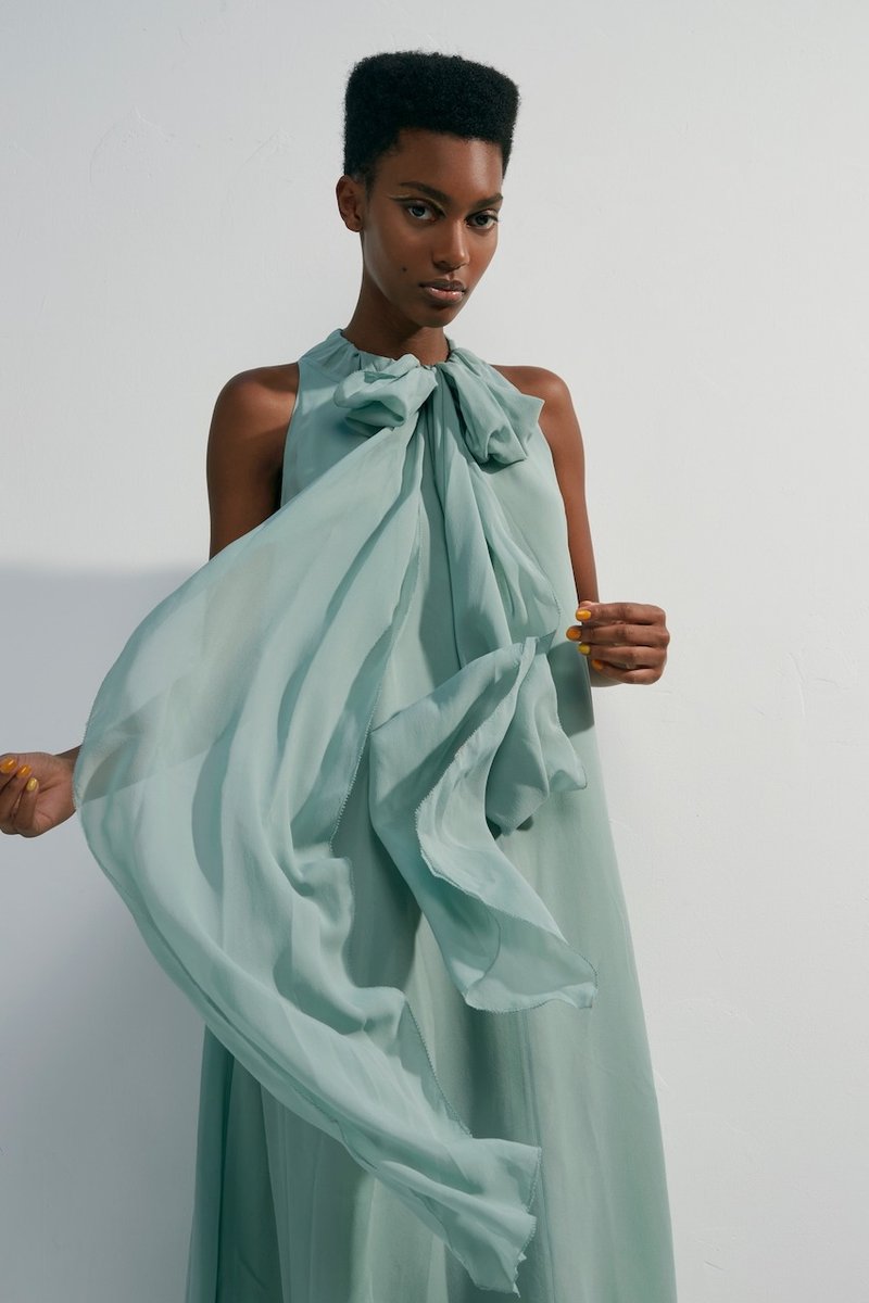 真丝绑带无袖洋装 - 洋装/连衣裙 - 丝．绢 绿色