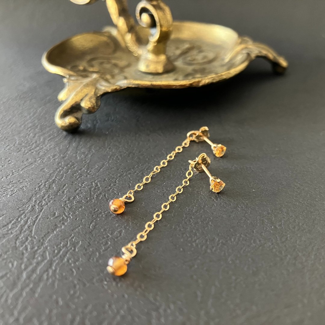 Citrine / sunstone swing earrings 14kgf - 耳环/耳夹 - 宝石 橘色