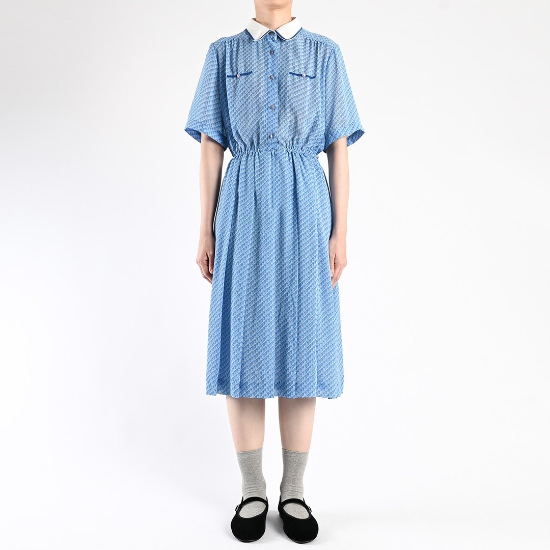 Vintage 日本古着洋装 / 雪纺洋装、复古洋装、花洋装、连身裙 - 洋装/连衣裙 - 丝．绢 蓝色