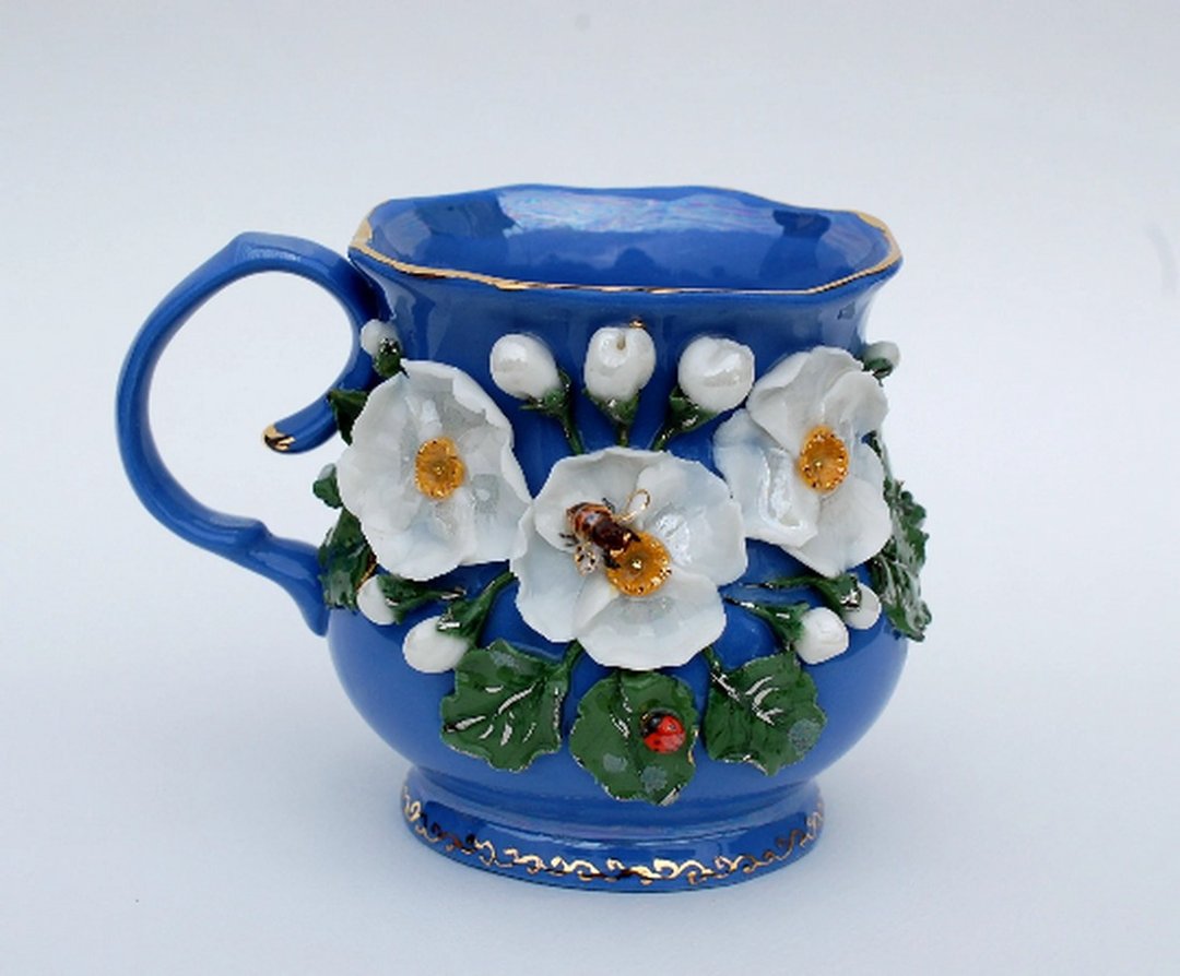 Blue and white porcelain mug Jasmine flowers Handmade mug with decor - 咖啡杯/马克杯 - 瓷 多色