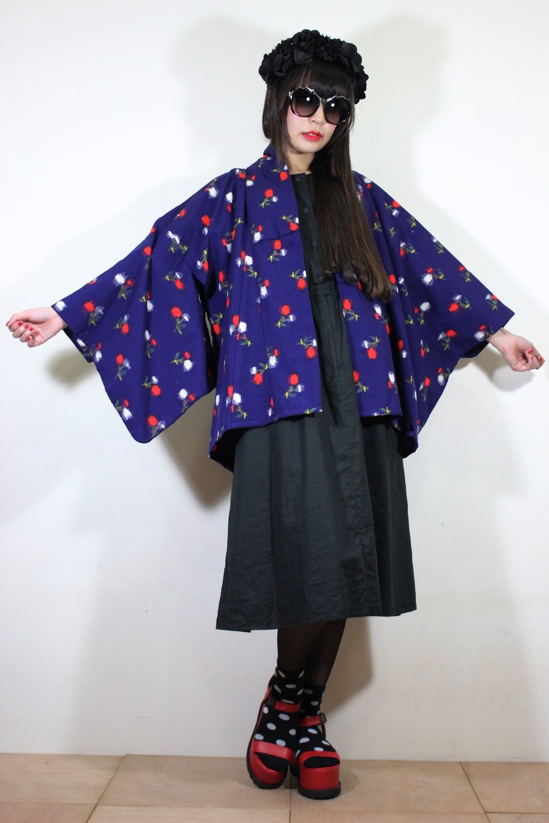 F2075(日本制和服)(Vintage)蓝色花纹排列日本和服羽织(はおり) - 女装休闲/机能外套 - 棉 蓝色
