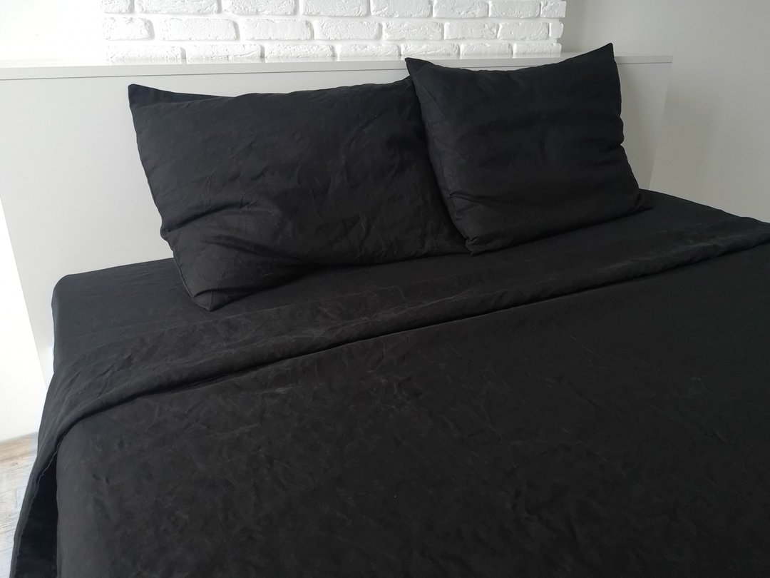 Black linen flat sheet / Linen bedsheet / Softened stonewashed linen sheet - 寝具 - 亚麻 黑色