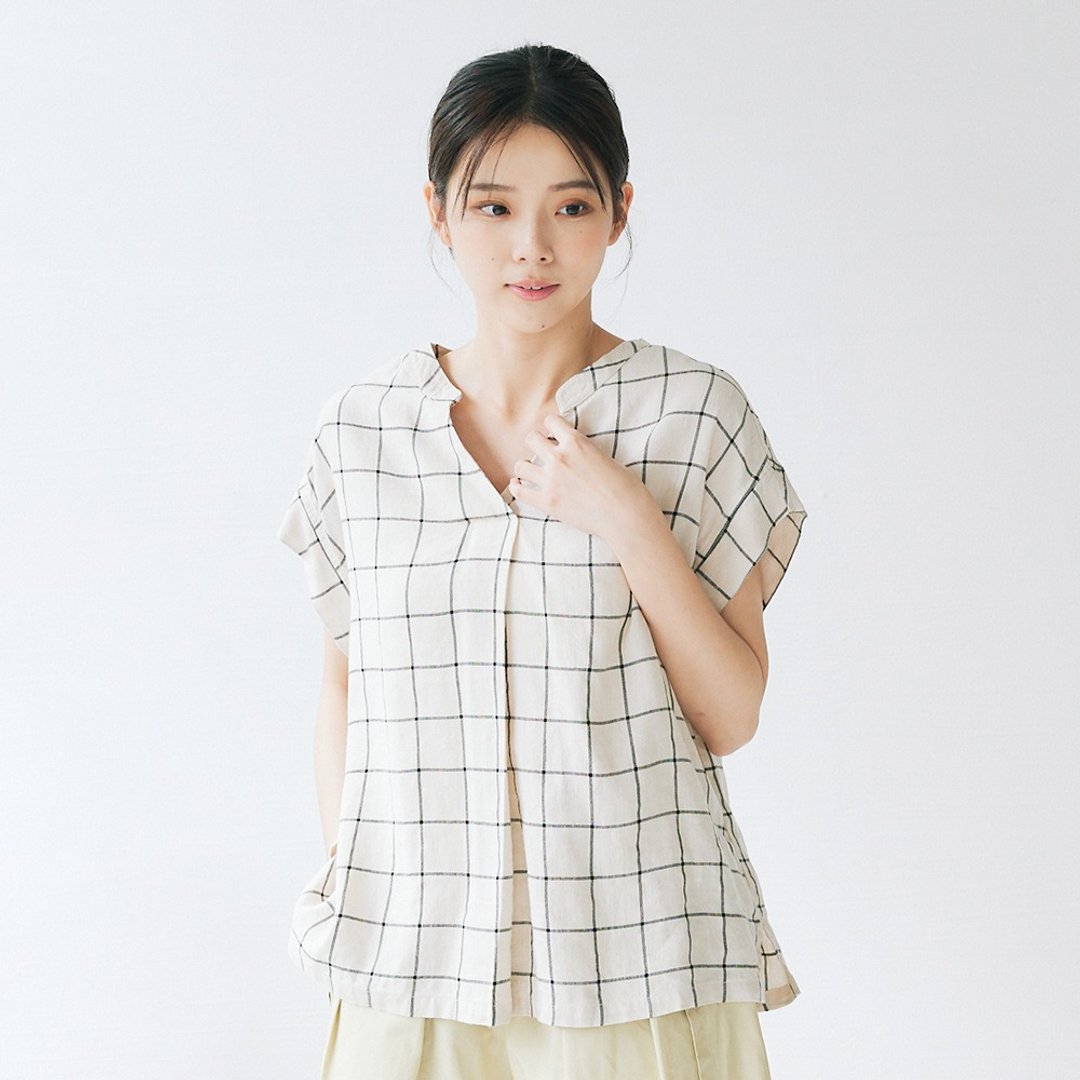【Simply Yours】落肩V领格纹衬衫 麻本F - 女装上衣 - 棉．麻 白色