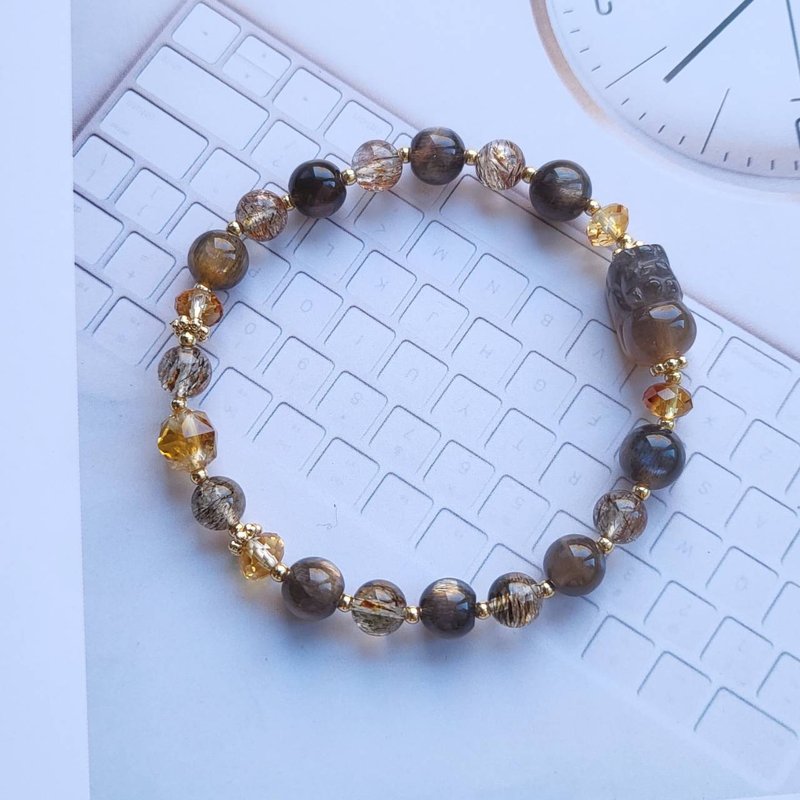 招财神兽/貔貅~招财贵人化煞/黑骨干貔貅黄水晶黑金超七手链 - 手链/手环 - 水晶 