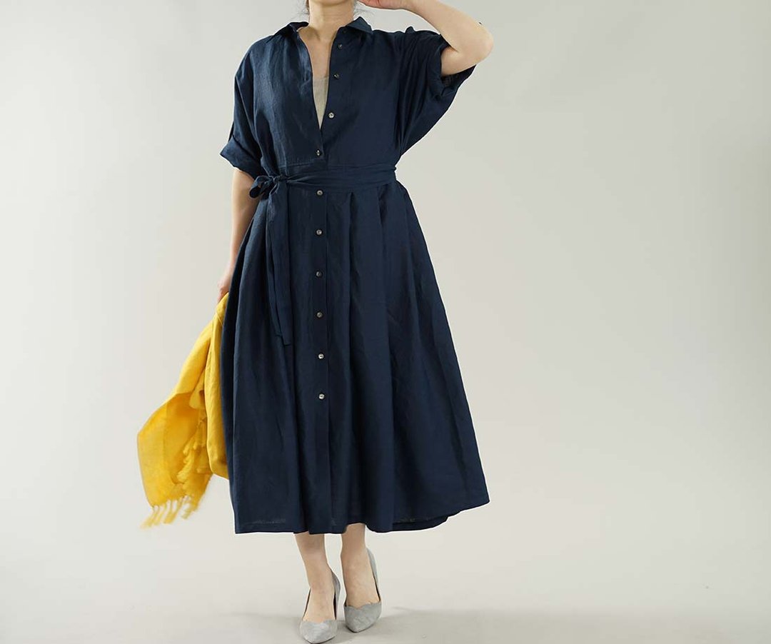 wafu - 純亞麻洋裝 Lightweight Linen Half Sleeve Shirt Dress / Navy a064a-neb1 - 洋装/连衣裙 - 亚麻 蓝色
