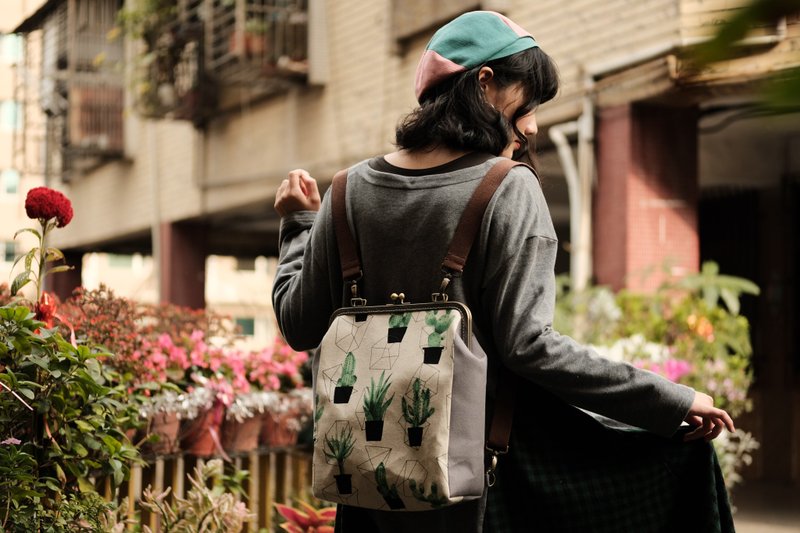 【几何仙人掌】吐司口金包/后背包/侧背包/斜背包 - 后背包/双肩包 - 棉．麻 灰色