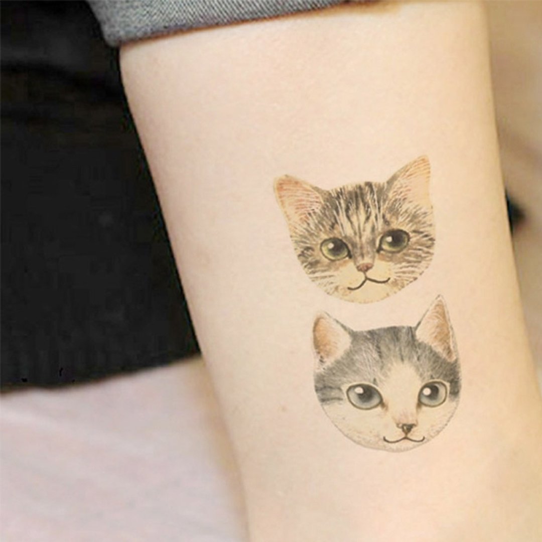 发4张-纹身贴防水仿真持久手绘猫猫头小清新可爱风 - 纹身贴 - 纸 多色