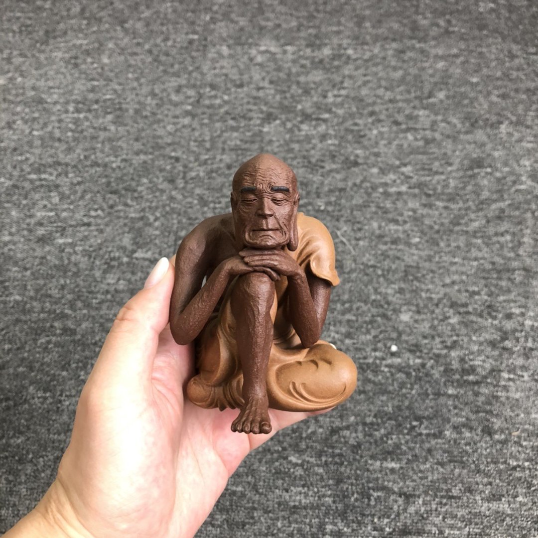 送礼紫砂壶茶壶沉思罗汉合十全手工制作 紫泥段泥双色 高11*长9*7 - 茶具/茶杯 - 陶 橘色