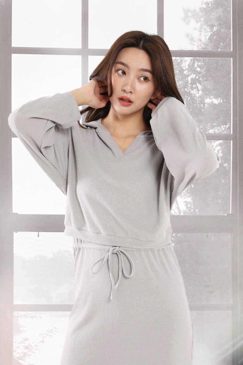 V领卫衣 - 女装上衣 - 棉．麻 灰色