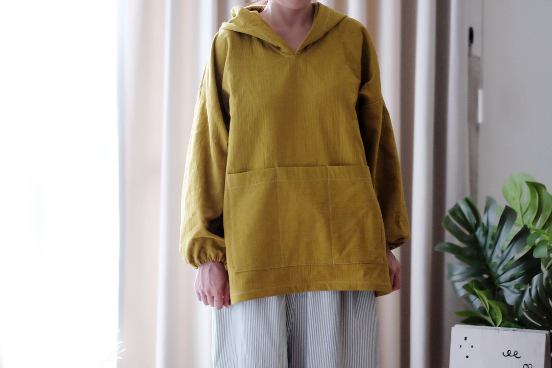 皱折肌理纹路厚磅刷毛连帽上衣 芥土黄 - 中性连帽卫衣/T 恤 - 棉 黄色