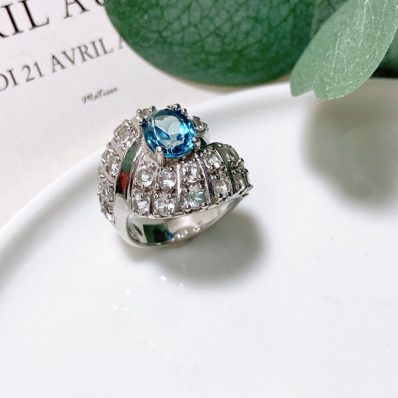 【西洋古董饰品】Topaz 精品纯银天然托帕石 宝石925手工 戒指 - 戒指 - 贵金属 蓝色