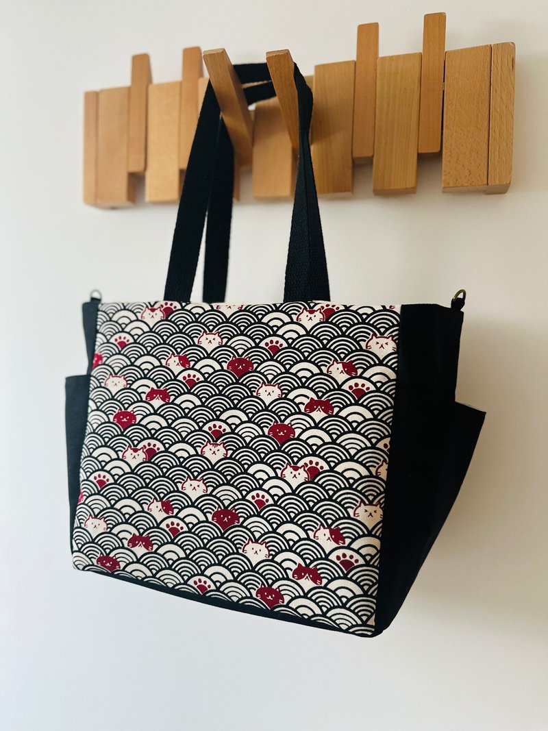 和风红黑波浪躲猫猫多功能肩背包 可拆卸可调节背带 侧边口袋内袋 - 侧背包/斜挎包 - 棉．麻 黑色