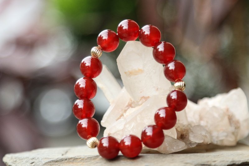 【手环系列】12mm 红玛瑙 缀包金南瓜珠手环 (欢迎定制) - 手链/手环 - 宝石 红色