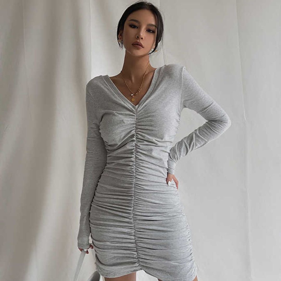 White Long Sleeve Ruffled Mini Dress - 洋装/连衣裙 - 聚酯纤维 白色