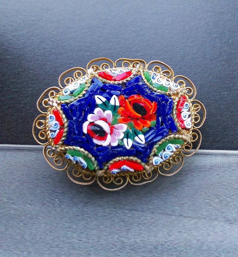 Vintage Jewelry 西洋古董饰品  微型马赛克 蓝底花卉 别针 - 徽章/别针 - 其他金属 金色