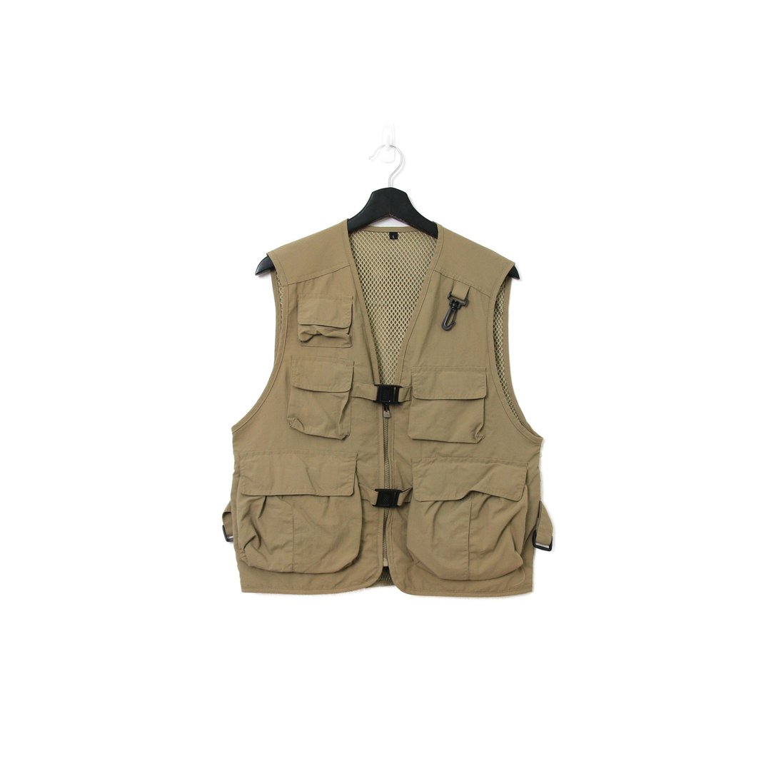 Back to Green-经典钓鱼背心 卡其内网格 口袋 v-09/vintage vest - 男装背心 - 棉 