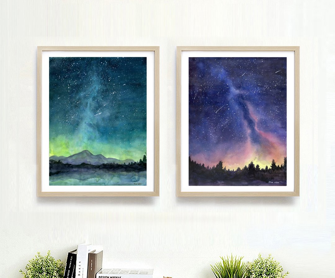 北欧风居家海报-星空水彩画-卧室装饰画-民宿-风景-居家装饰福袋 - 海报/装饰画/版画 - 纸 
