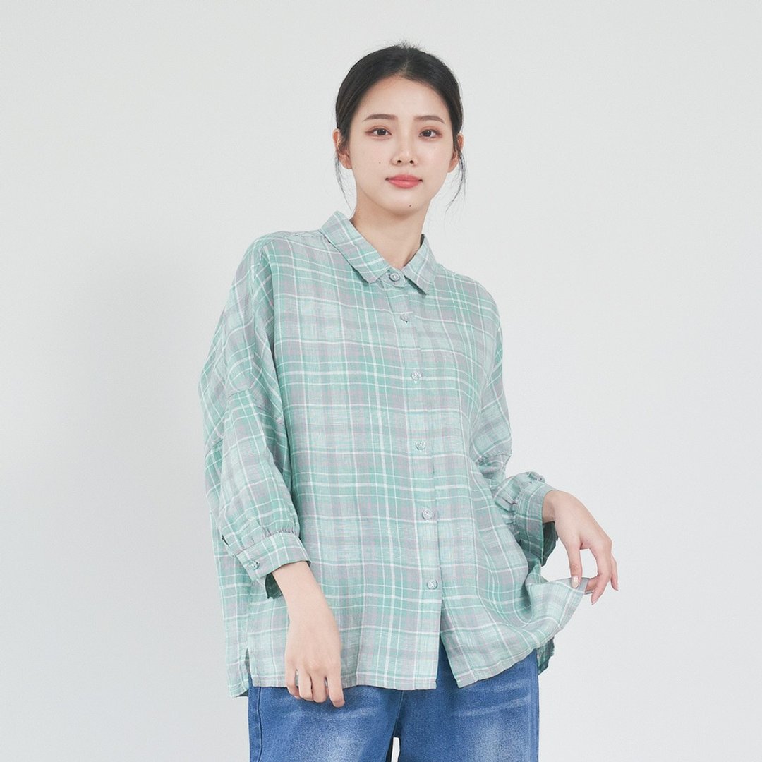 格纹亚麻衬衫 绿F - 女装衬衫 - 棉．麻 绿色