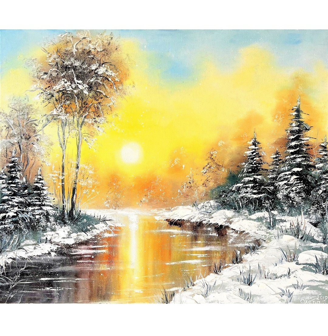 冬季绘画雪景原创艺术风景墙装饰 46x55 厘米/ 18x22 英寸 - 海报/装饰画/版画 - 棉 多色