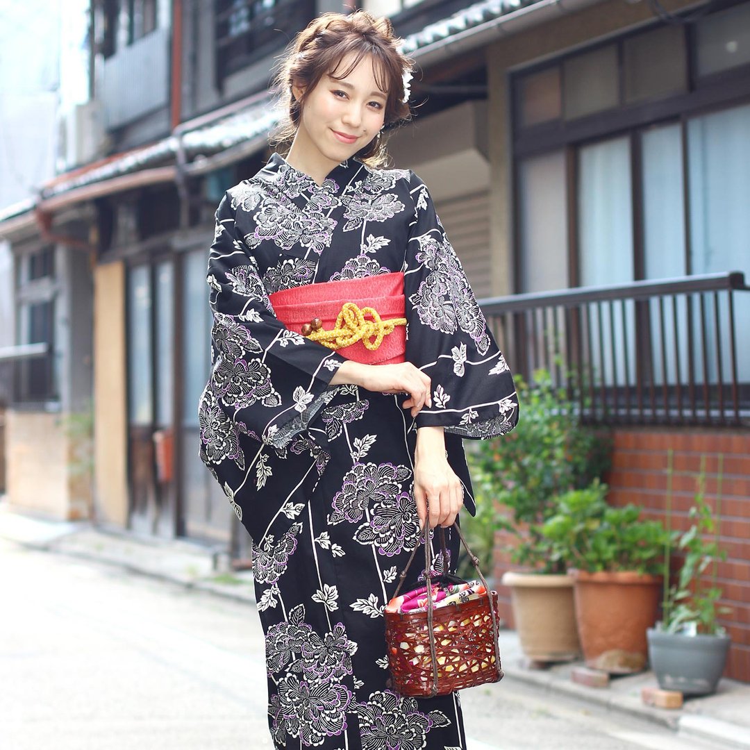 日本 和服 梭织 女性 浴衣 腰封 2件组 F x02-04a yukata - 其他 - 棉 黑色