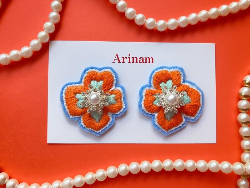 【耳夹/耳针/刺绣饰品/度假风/母亲节/礼物】bon bon - sunshine sky - - 耳环/耳夹 - 绣线 橘色