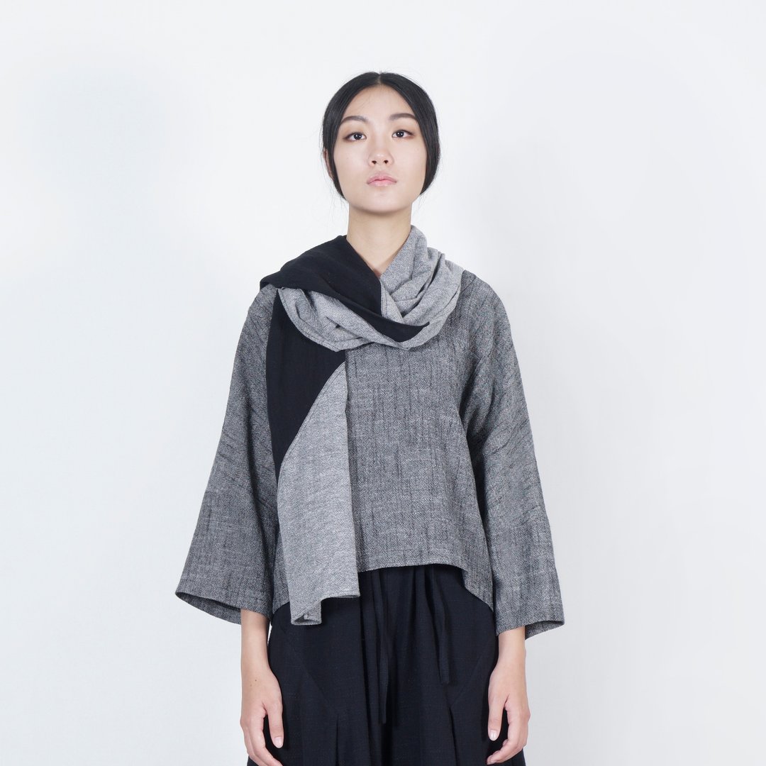 黑白切 16AW 麻黑双色拼接围巾 - 丝巾 - 棉 灰色