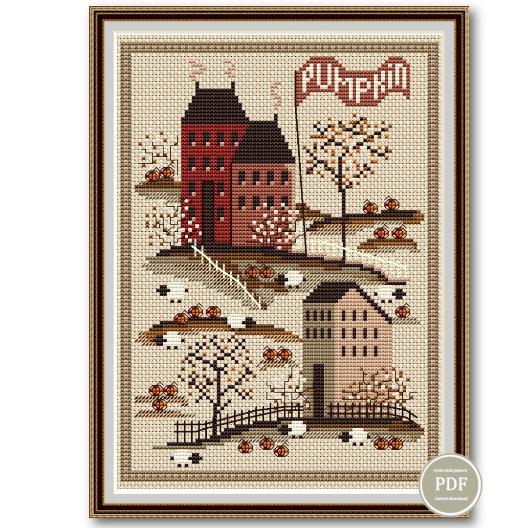 十字繡 Autumn Village Sampler Cross Stitch Pattern Pumpkins Embroidery Digital 180 - 手工艺教程/工具书 - 其他材质 
