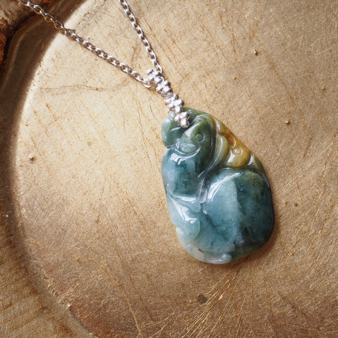 翡翠 硬玉 鱼雕件 纯银 手工项链 年年有余 Jadeite fish - 项链 - 玉石 绿色