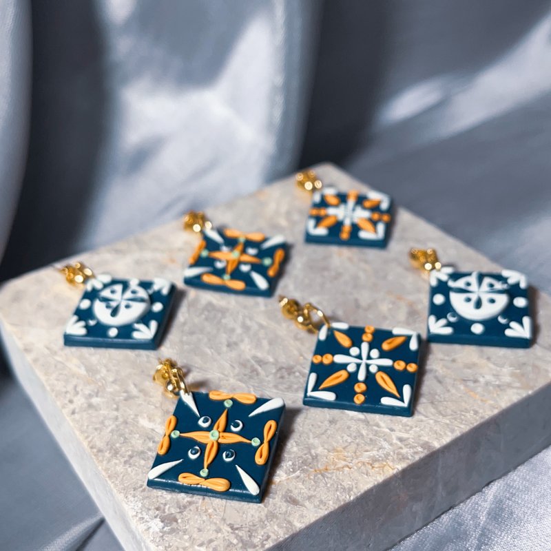 原创手作 花砖 软陶耳环 手作耳环 - 耳环/耳夹 - 陶 