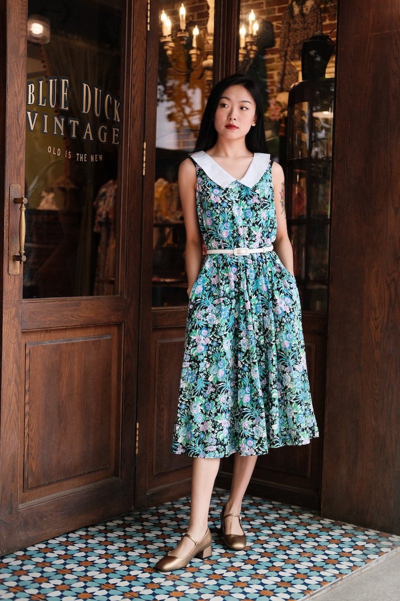 Vintage dress美国制翻领印花连衣裙古着 - 洋装/连衣裙 - 棉．麻 