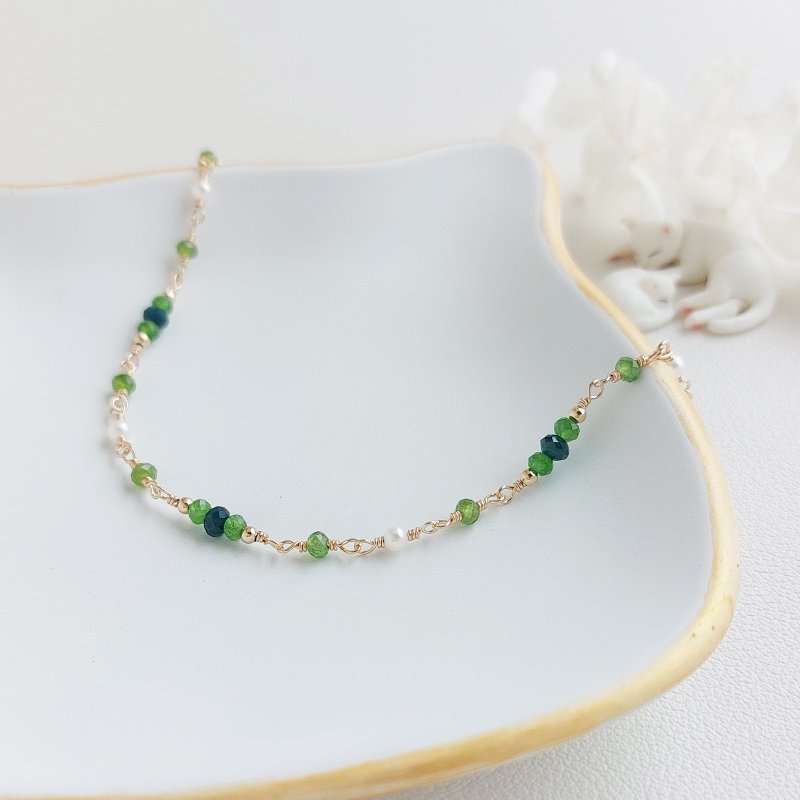 绿透辉石 + 硅硼镁铝 + 淡水珍珠 x 14KGF手链 - 手链/手环 - 半宝石 绿色