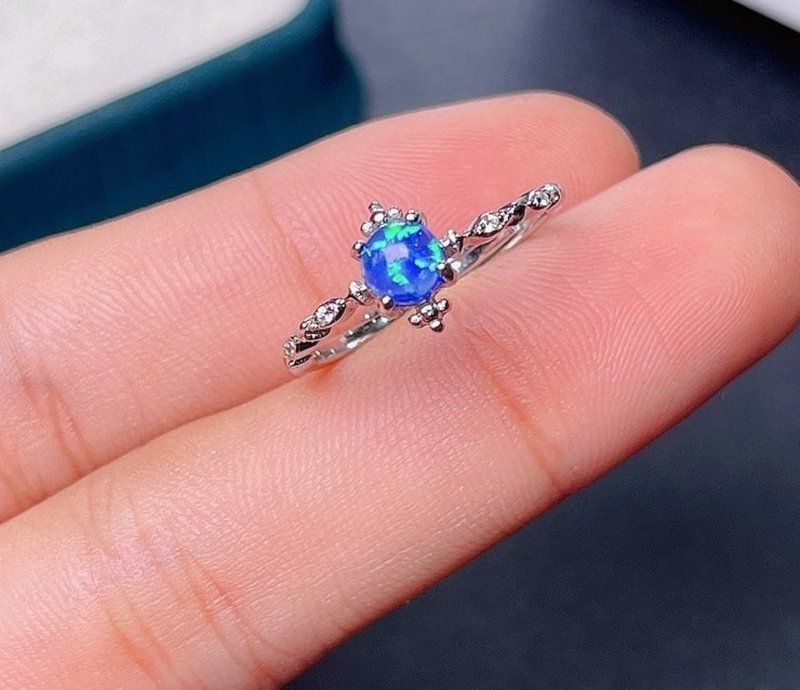 Blue Opal Ring, Blue Opal Silver Ring, Natural Opal Gemstone, Opal Jewelry - 戒指 - 其他金属 银色