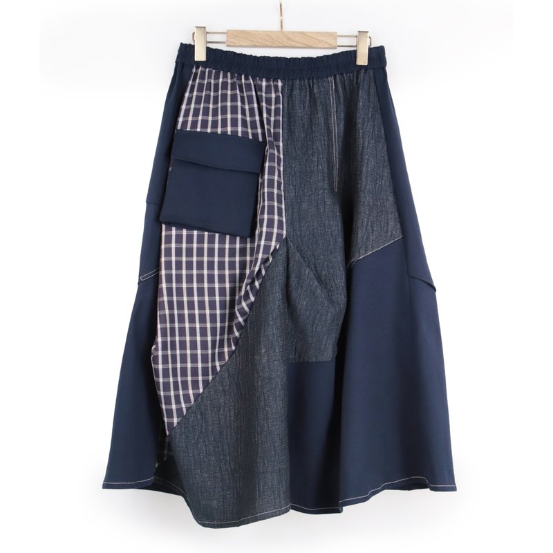 蓝/白线蓝格 - 拼接抓褶长裙 #T6077 - 裙子 - 棉．麻 蓝色