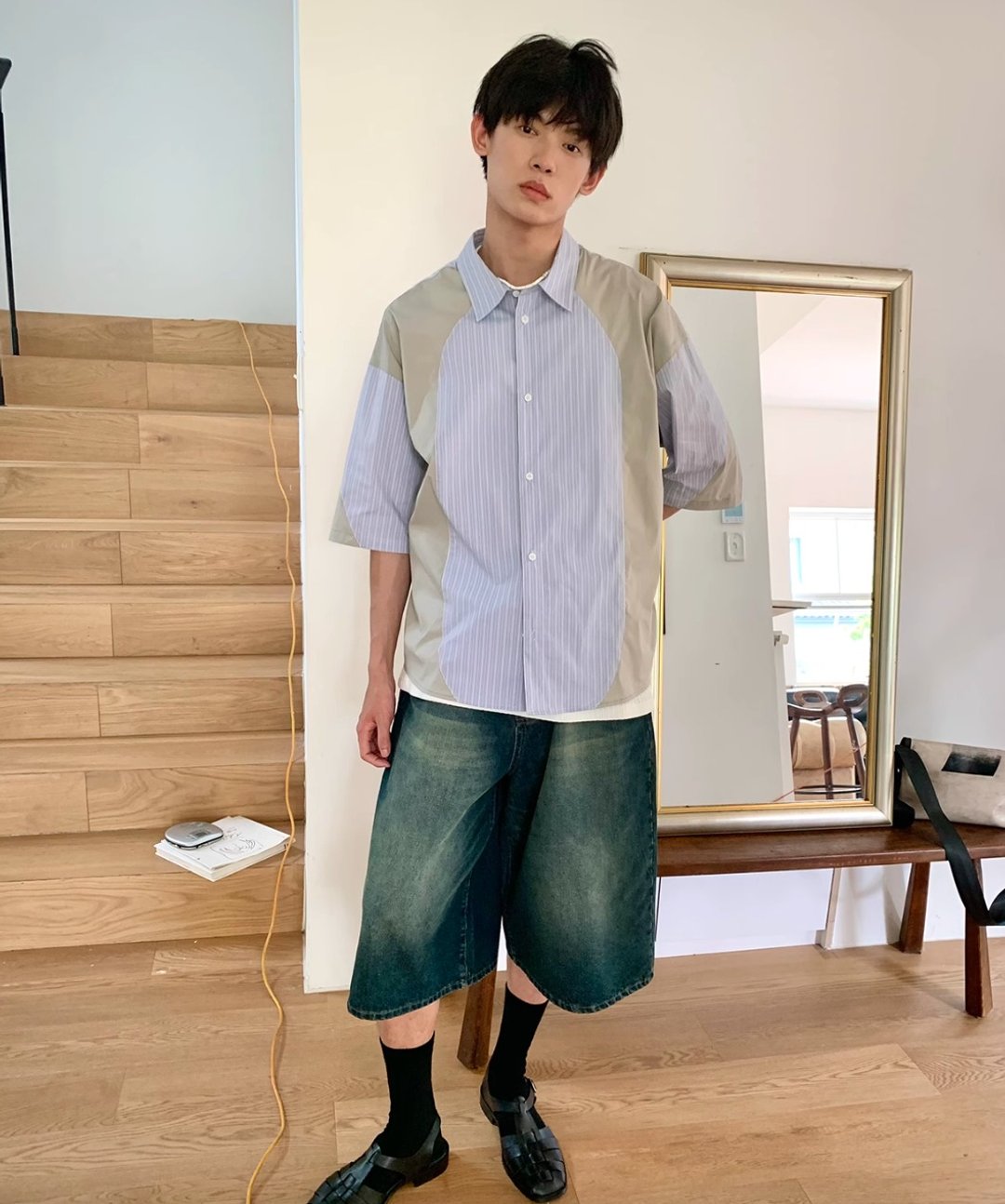 日系复古 弧形拼接条纹短袖衬衫 - 男装衬衫 - 其他材质 蓝色
